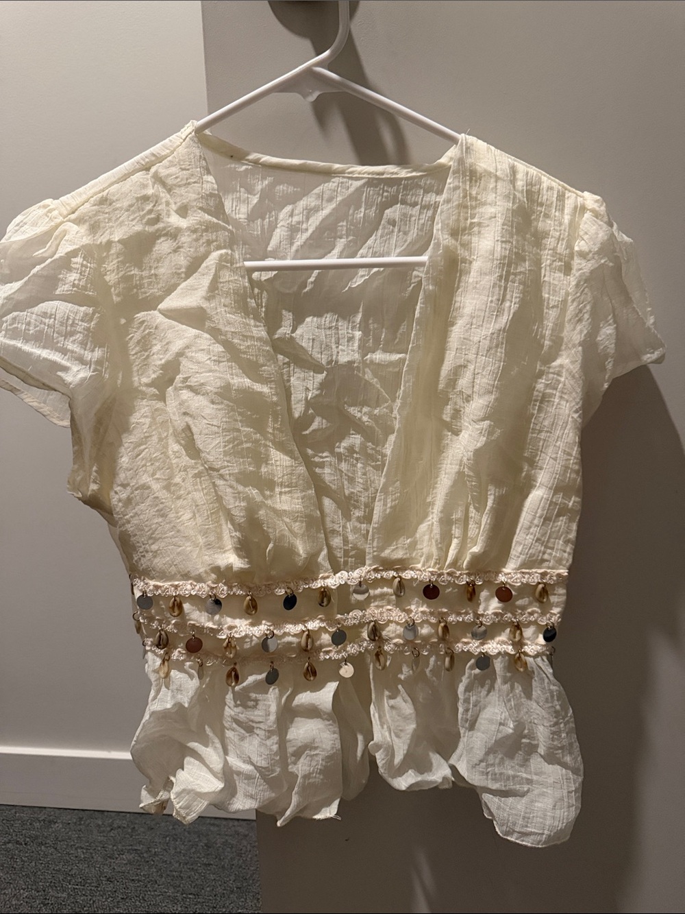 SHEIN Cream Short Sleeve Peplum Top with Sequin Trim